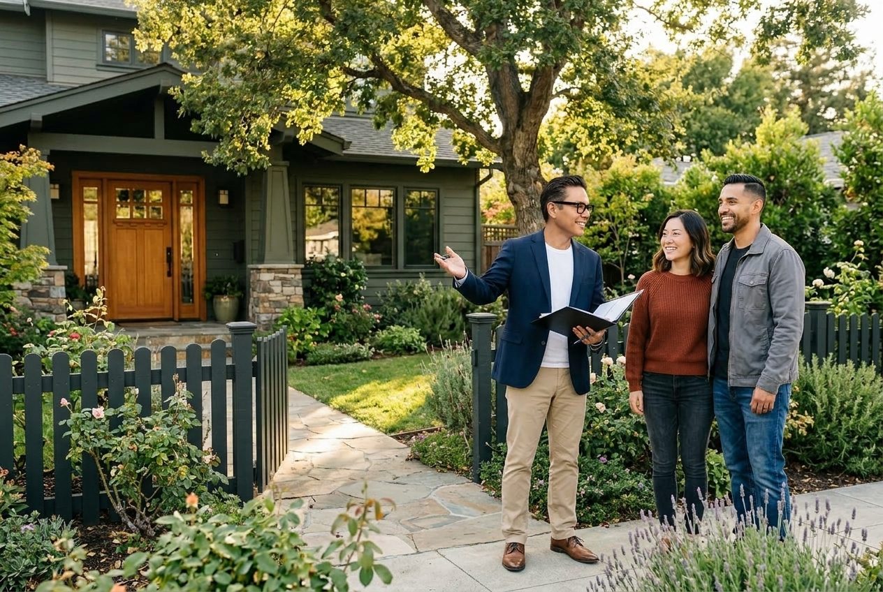 Equitas real estate agent reviewing a home valuation with clients in front of a Silicon Valley home